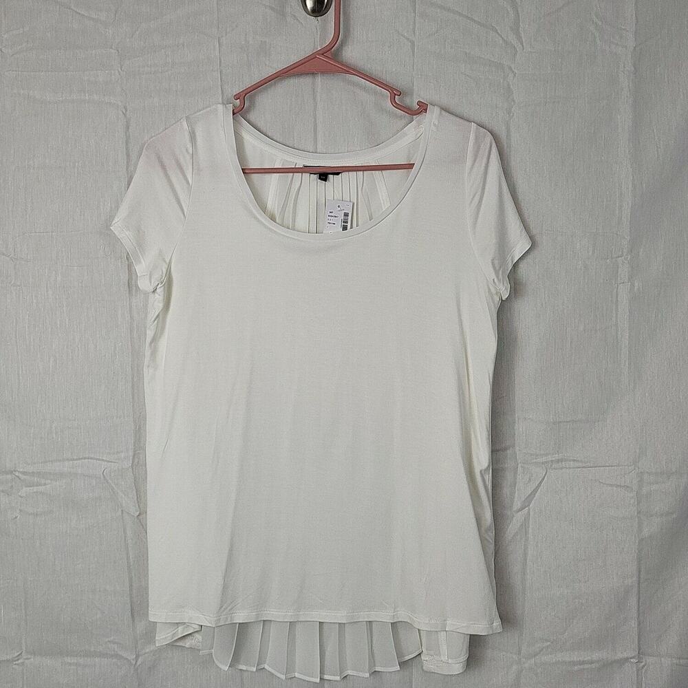 RW & Co. Womens White Short Sleeve Round Neck Pleated Slit Back Blouse Top‎ Sz S